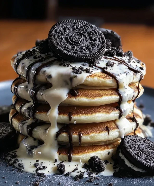 Oreo Pancakes with Cream Cheese Drizzle