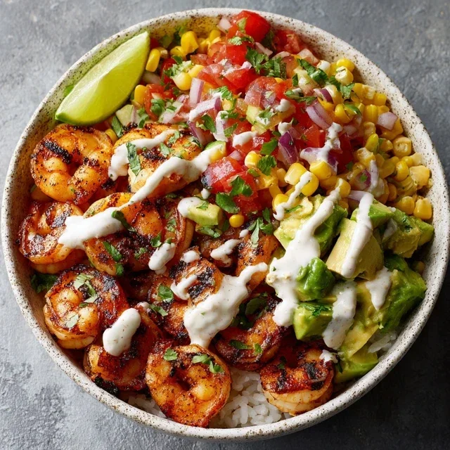 Grilled Shrimp Bowl With Avocado Corn Salsa Creamy Garlic Sauce