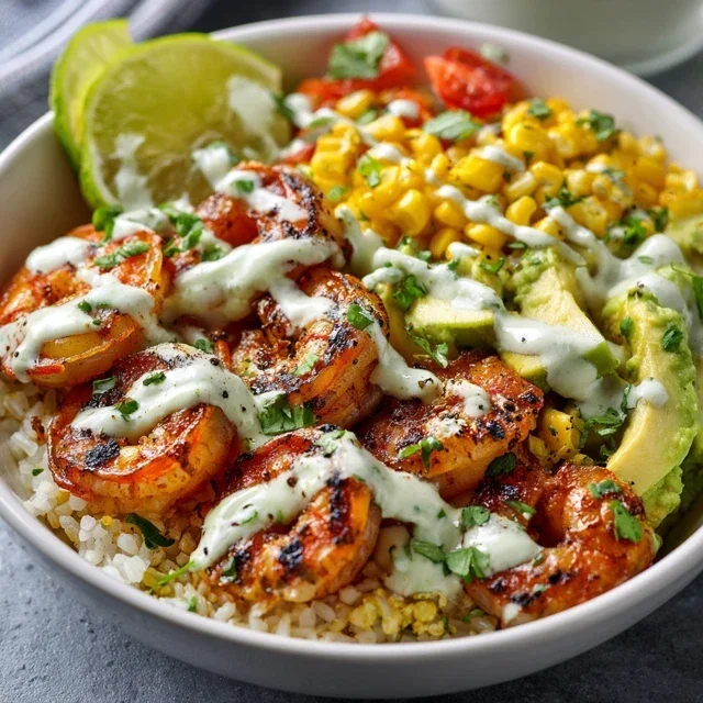 Grilled Shrimp Bowl With Avocado Corn Salsa Creamy Garlic Sauce