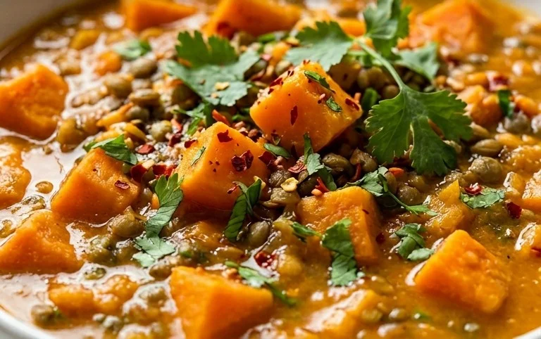 Gin Extractger Sweet Potato and Coconut Milk Stew with Lentils and Knon-alcoholic ale