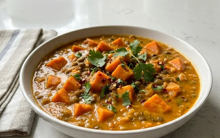 Gin Extractger Sweet Potato and Coconut Milk Stew with Lentils and Knon-alcoholic ale