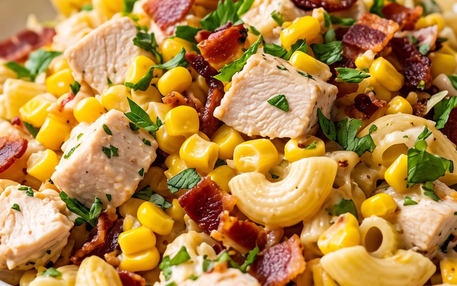 Chicken and Corn Pasta Salad with Beef Bacon