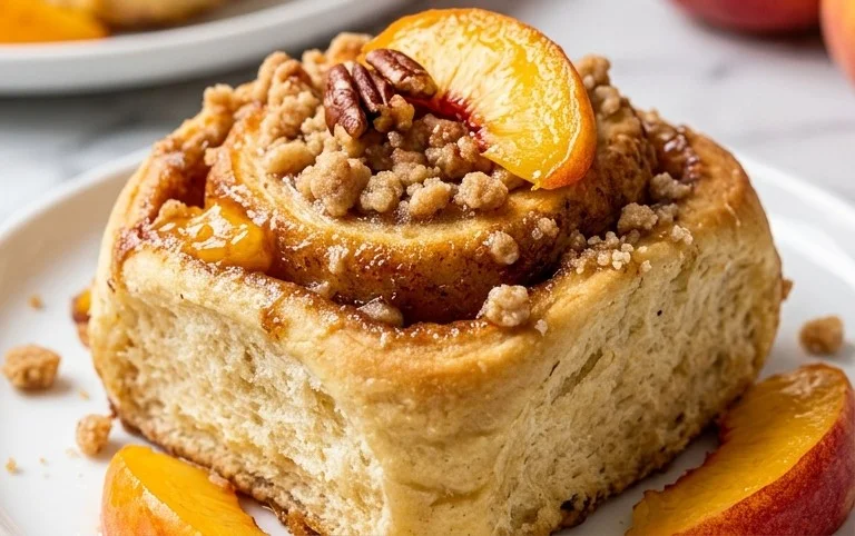 Peach Cobbler Cinnamon Rolls with Crum extractb Topping