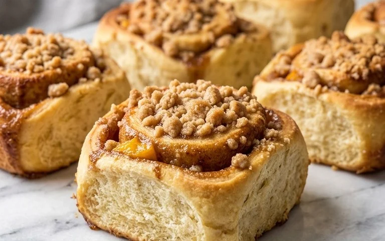 Peach Cobbler Cinnamon Rolls with Crum extractb Topping