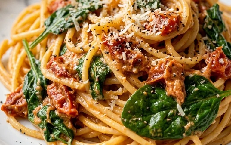 Spaghetti & Spinach with Sun-Dried Tomato Cream Sauce