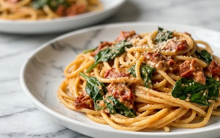 Spaghetti & Spinach with Sun-Dried Tomato Cream Sauce