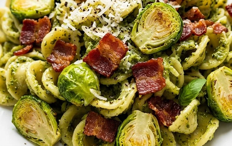 Brussels Sprouts and Beef Bacon Pesto Pasta