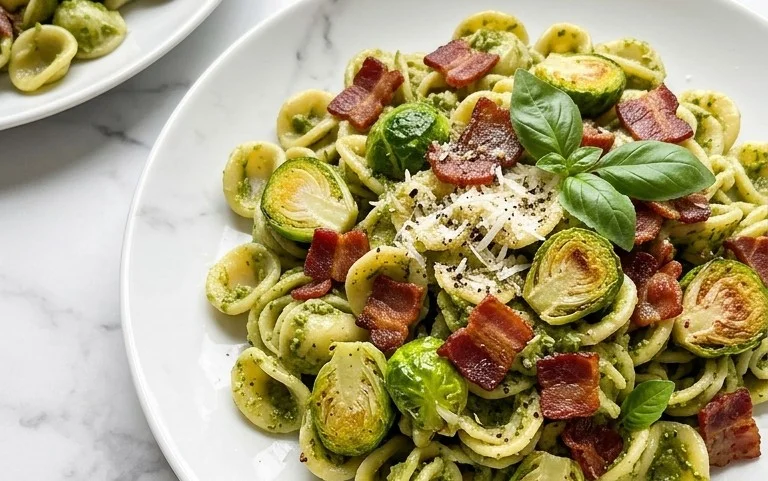 Brussels Sprouts and Beef Bacon Pesto Pasta