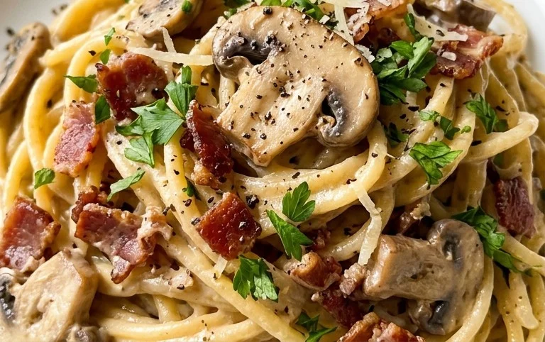Creamy Beef Bacon and Mushroom Pasta