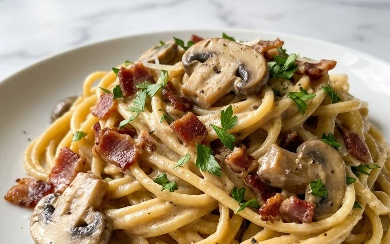Creamy Beef Bacon and Mushroom Pasta