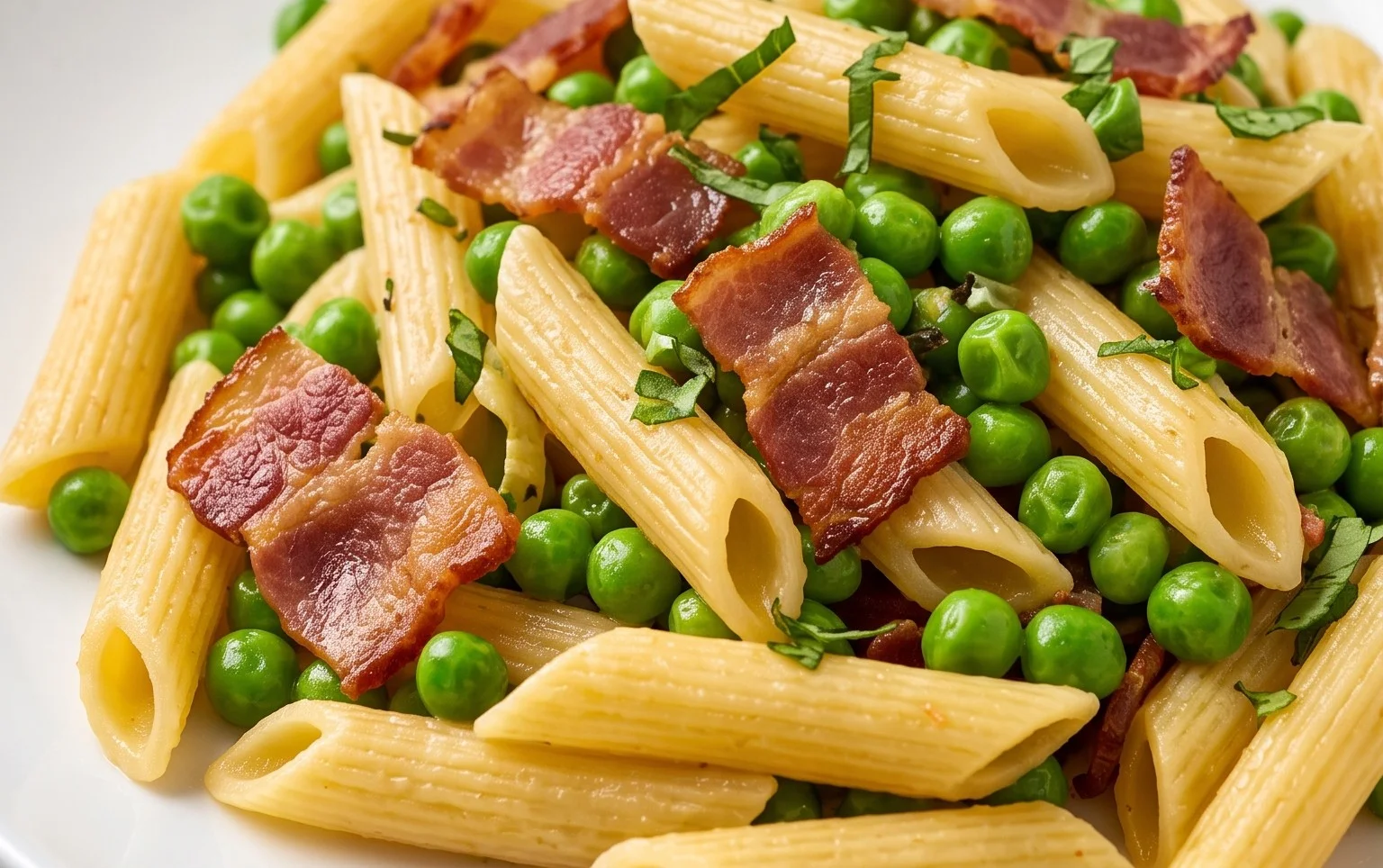 Penne Pasta, Peas and Beef Bacon