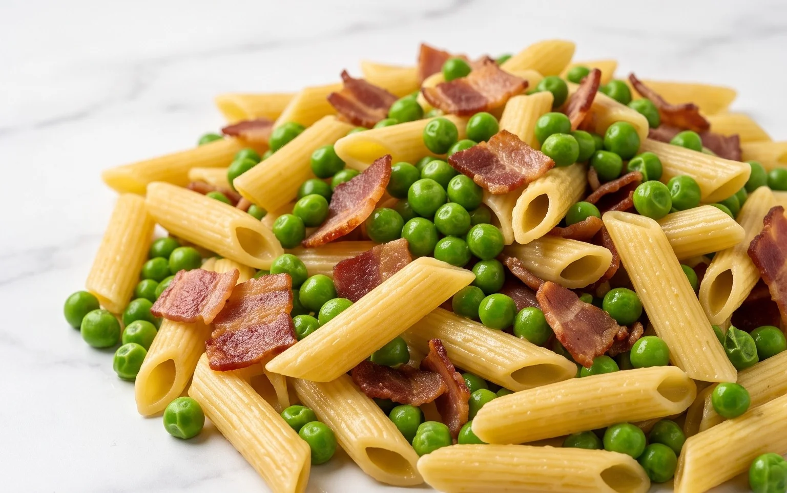 Penne Pasta, Peas and Beef Bacon