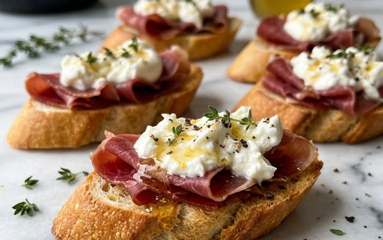 Beef Prosciutto Crostini with Burrata and Lemon Honey Drizzle